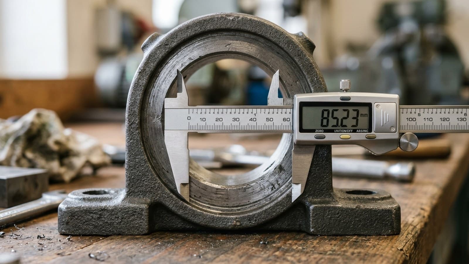 A caliper measuring the bore of a pillow-block bearing housing