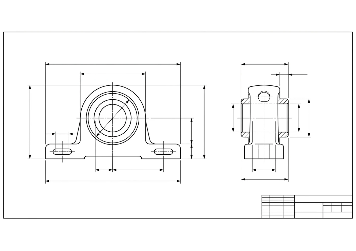 Dimensioned technical drawing of a pillow-block bearing housing generated by TechDraw AI