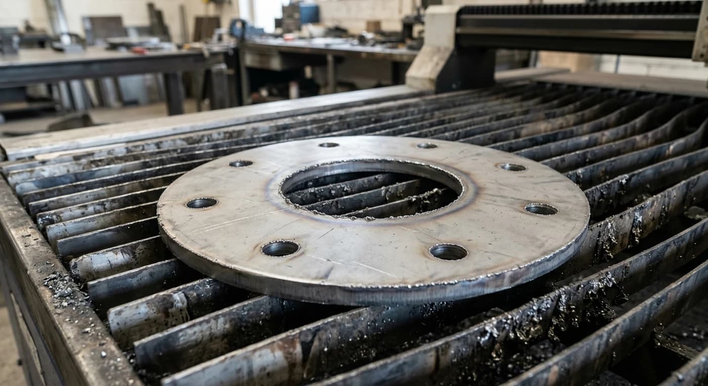 A freshly laser-cut steel anchor base plate on the slats of a laser cutter bed