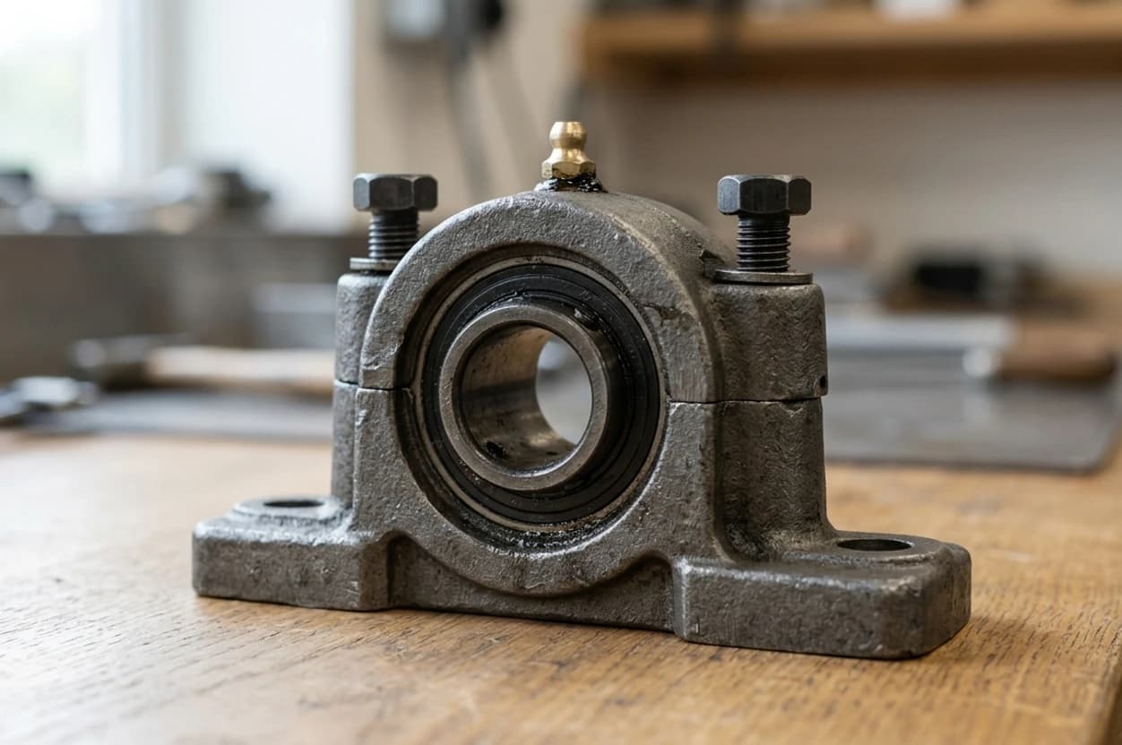Photo of a cast iron pillow-block bearing housing on a workbench