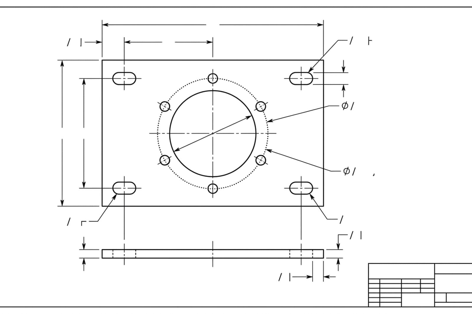 Dimensioned steel anchor base plate drawing exported as DWG