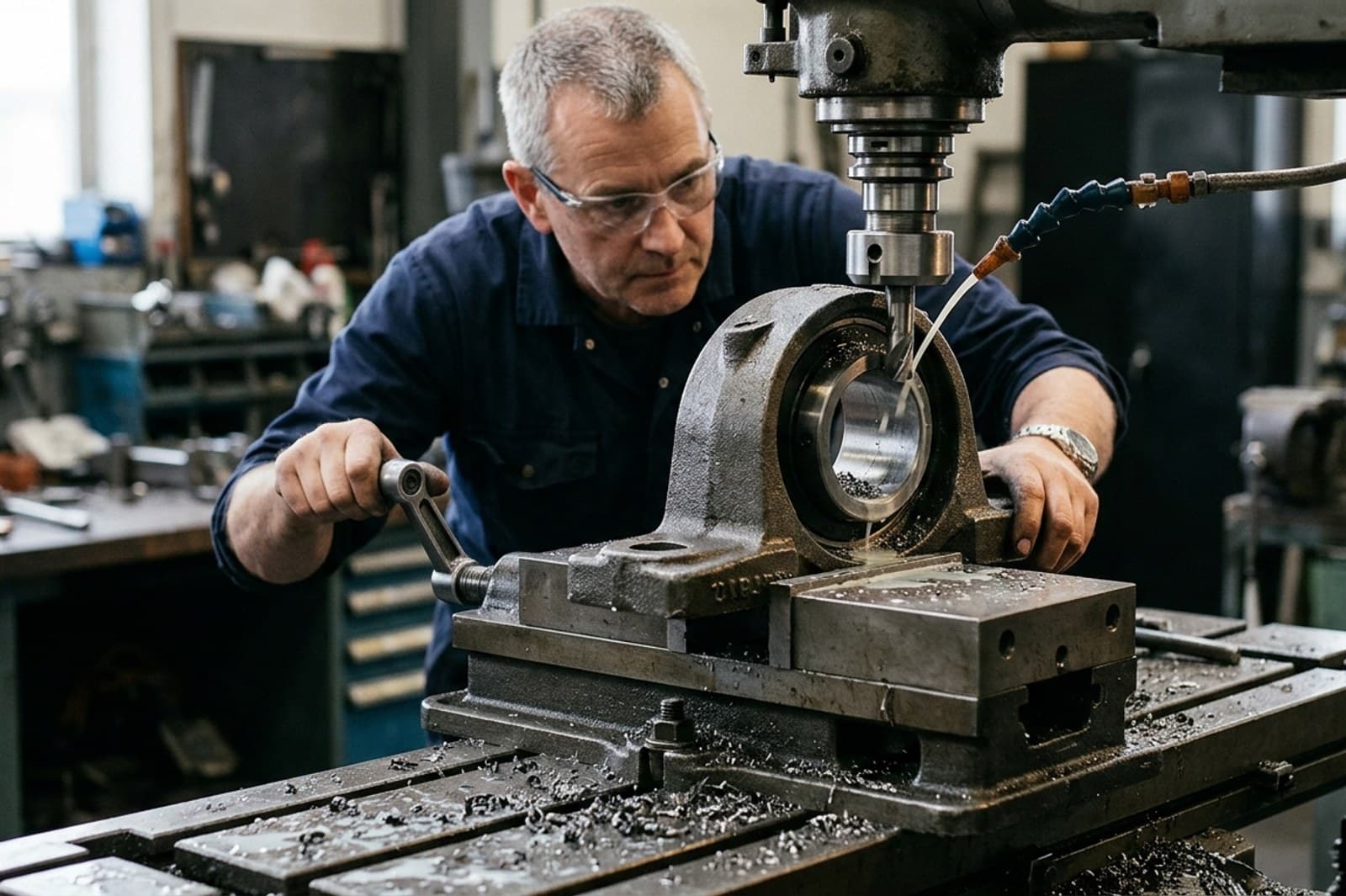 A machinist finishing the bore of a pillow-block bearing housing in a milling machine