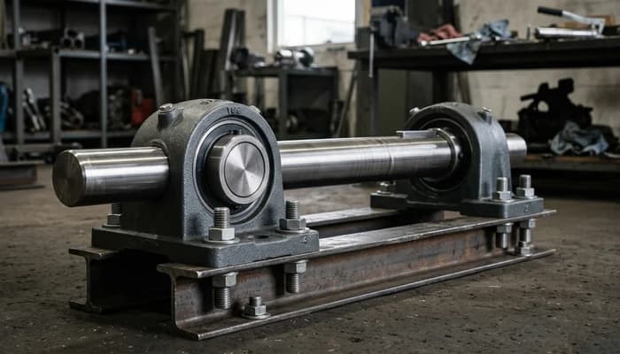 Two pillow-block bearing housings bolted to a base frame with a shaft