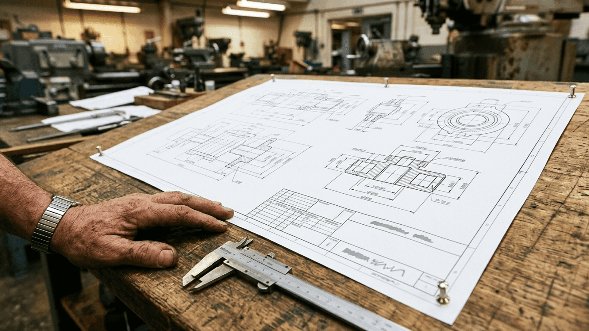 A printed engineering drawing sheet on a shop-floor bench with a caliper beside it