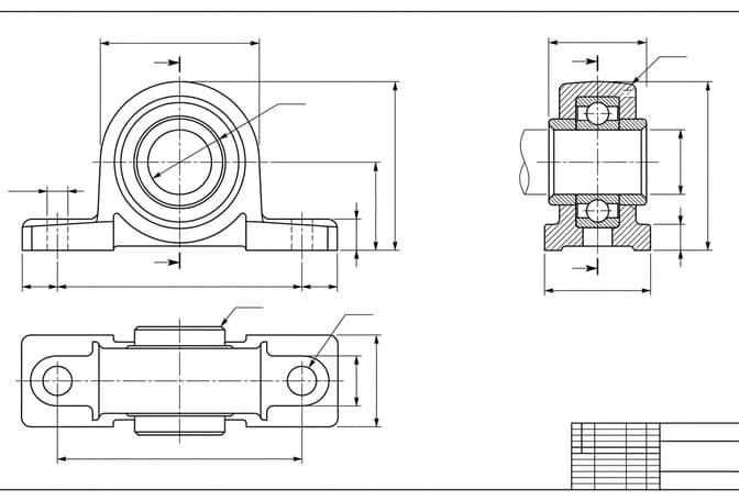 A dimensioned multi-view drawing of a pillow-block bearing housing