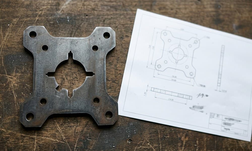 A laser-cut steel anchor base plate on a bench beside its own printed technical drawing