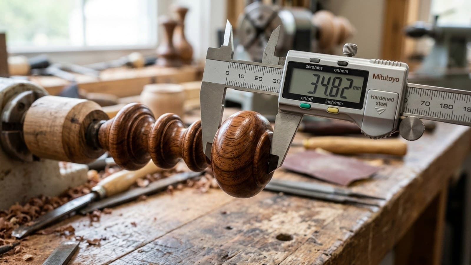 A caliper measuring a turned finial