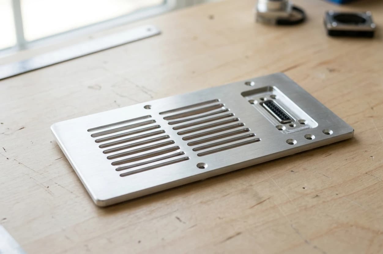 Photo of a vented enclosure faceplate on a maker bench