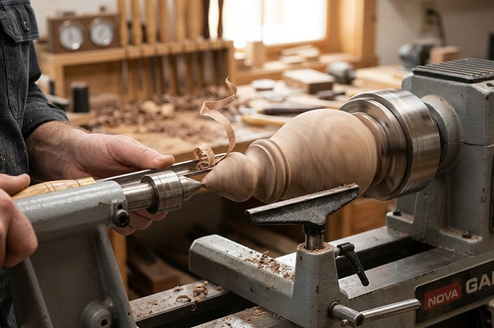 A finial being turned on a lathe, revolved with the Screw modifier