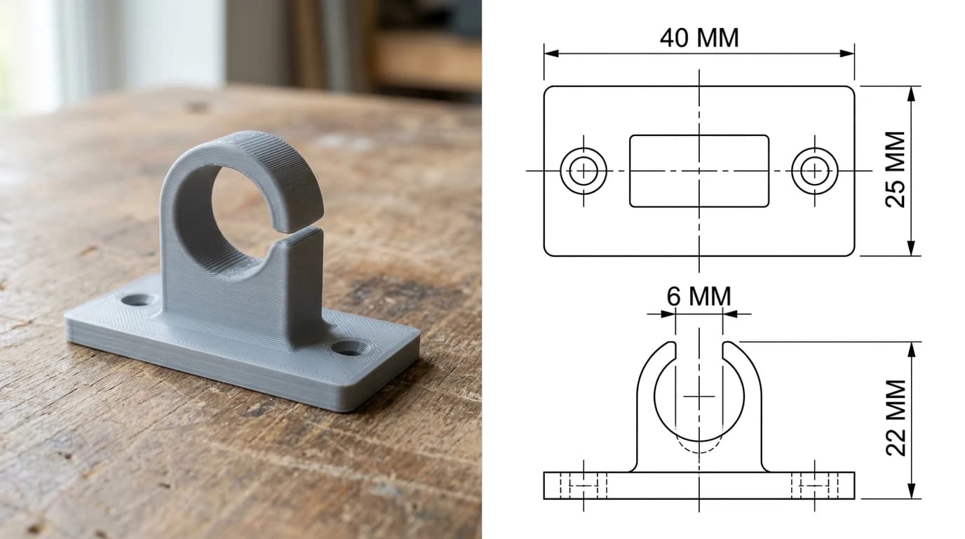 A photo of a 3D printed grey cable clip bracket on a workbench on the left and, on the right, the dimensioned drawing generated from it: 40 by 25 mm base, 22 mm tall, a 6 mm opening in the hook