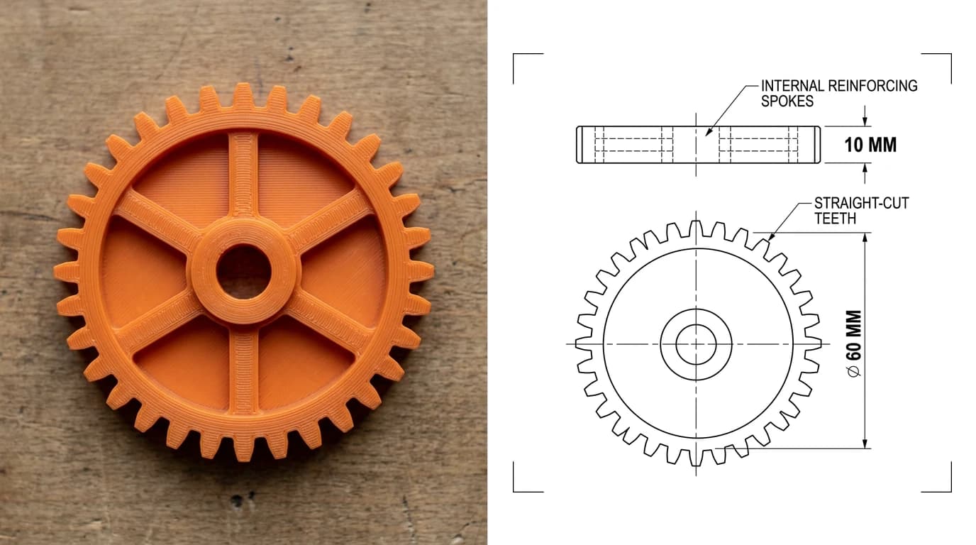 A photo of a 3D printed orange spur gear on a workbench on the left and, on the right, the dimensioned drawing generated from it: 60 mm outside diameter and 10 mm thick