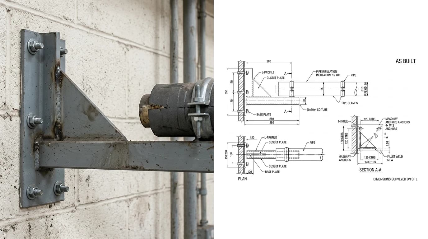A photo of a welded steel wall bracket with a gusset plate carrying an insulated pipe on the left and its as-built drawing on the right, showing elevation, plan and an enlarged base plate detail with fixing centres
