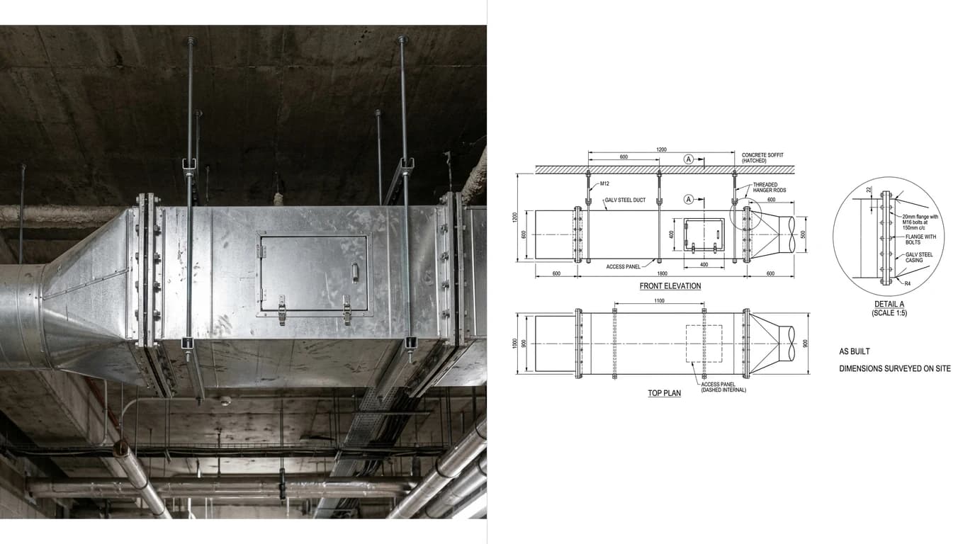 A photo of a suspended galvanised ductwork run with a transition piece and access panel in a plant room on the left and its as-built drawing on the right, showing front elevation, top plan and an enlarged flange detail