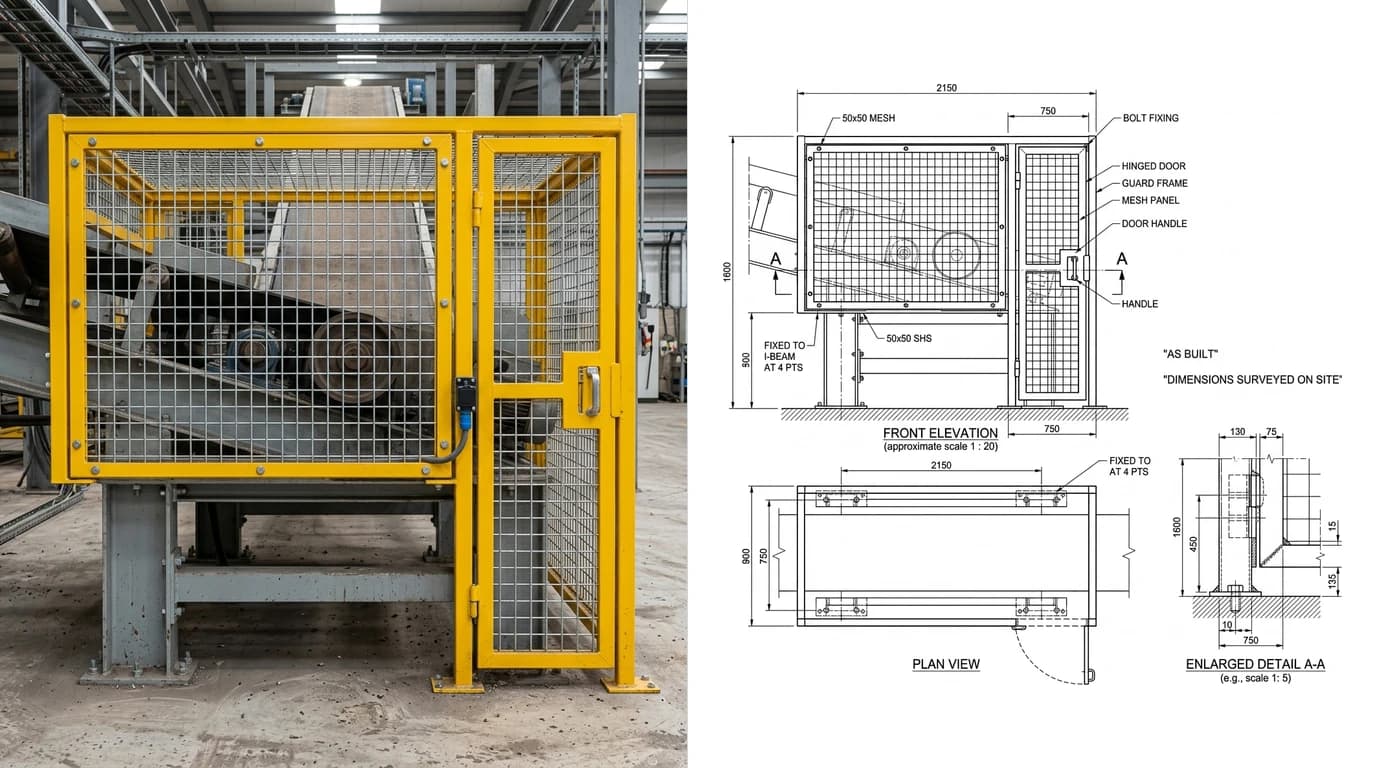 A photo of a yellow mesh machine guard enclosing a conveyor drive on the left and its as-built drawing on the right, showing front elevation, plan view and an enlarged section through the frame