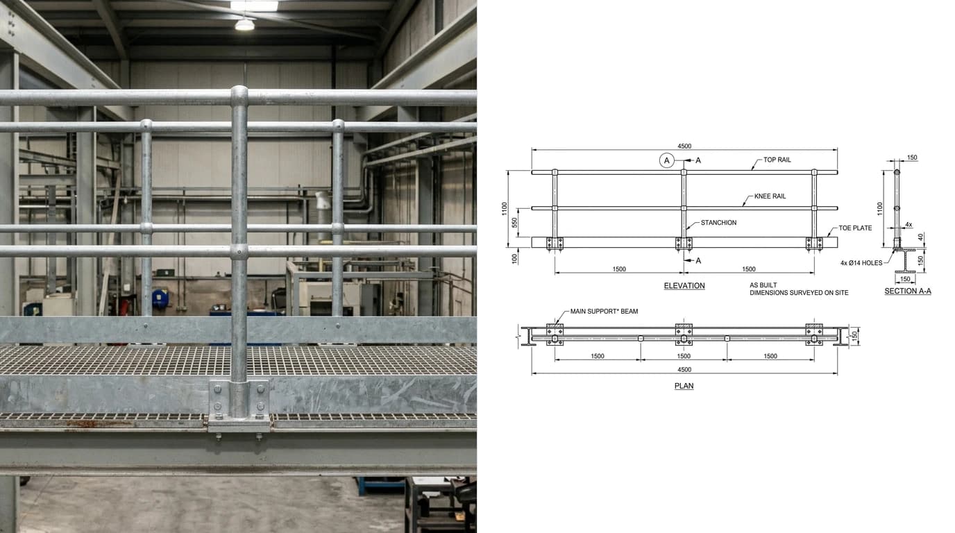 A photo of a galvanised steel handrail with knee rail and toe plate on an access platform on the left and its as-built drawing on the right, showing elevation, plan and a section through one stanchion base