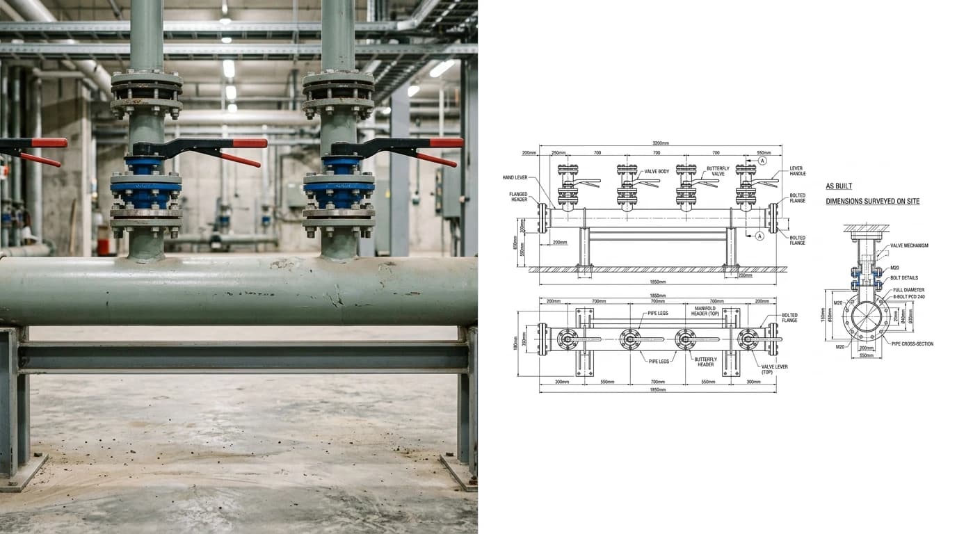 A photo of a valve manifold assembly with butterfly valves on a steel support frame on the left and its as-built drawing on the right, showing elevation, plan and an enlarged flange detail with bolt pattern