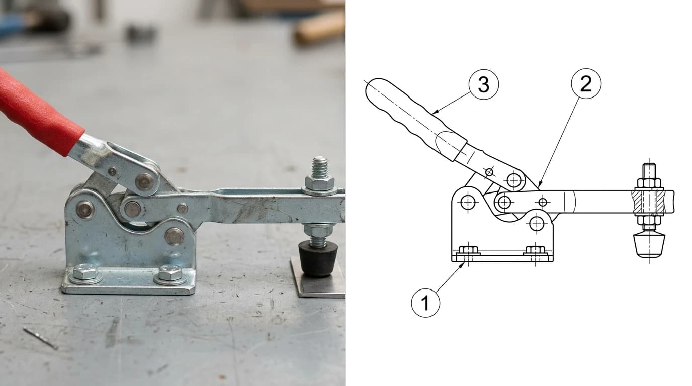 A photo of a horizontal toggle clamp bolted to a base plate on the left, and on the right the assembly drawing produced from it with three numbered balloons on leader lines pointing at the base plate, the clamp body and the handle