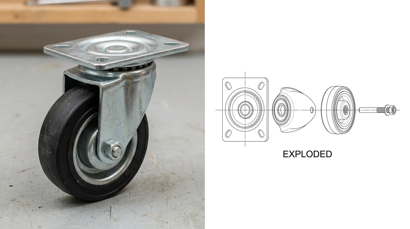 A photo of a swivel caster wheel on a workbench on the left, and on the right the exploded assembly drawing produced from it showing the top mounting plate, the swivel fork, the wheel and the axle separated along one shared horizontal centre line