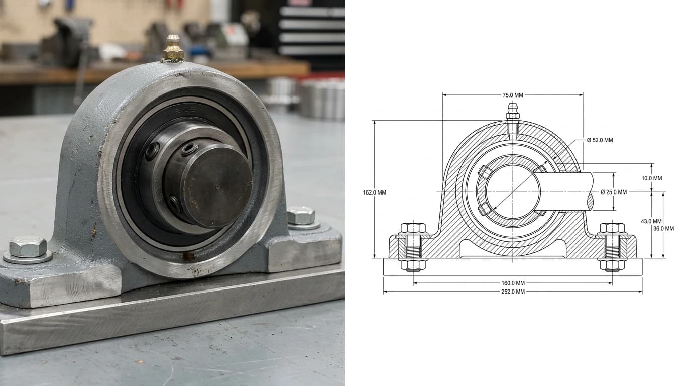 A photo of a cast iron pillow block bearing unit on the left, and on the right the assembly drawing produced from it showing a full section through the hatched housing with the bearing and shaft inside, dimensioned for overall envelope, mounting centres and shaft height
