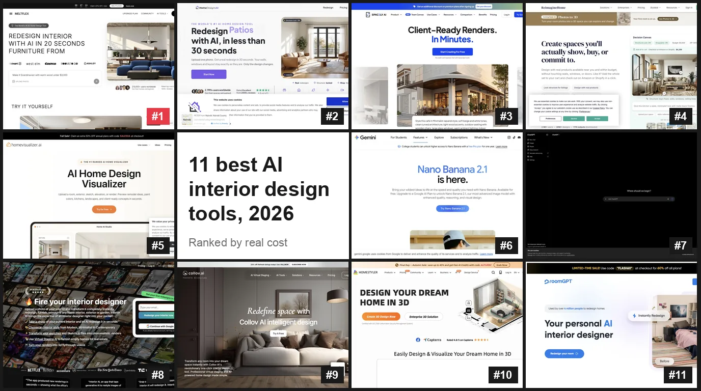 A collage of the homepages of the 11 best AI interior design tools in 2026, numbered by rank, with MeltFlex AI as number one