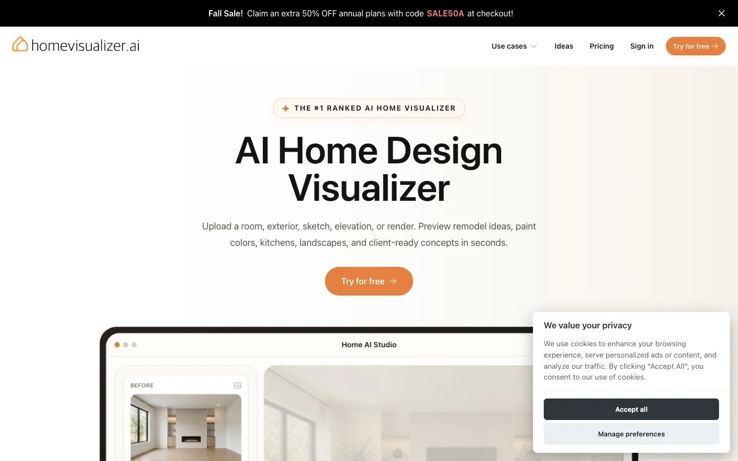 HomeVisualizer AI homepage, captured 8 October 2026