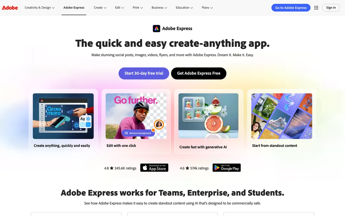 Adobe Express homepage, captured 8 October 2026