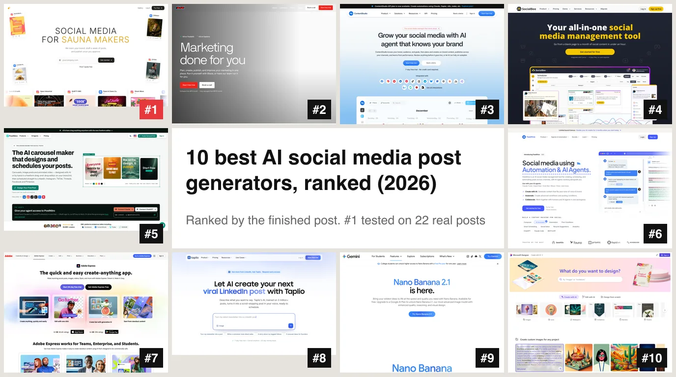A collage of the homepages of the 10 best AI social media post generators in 2026, numbered by rank, with AI Social Media Now as number one