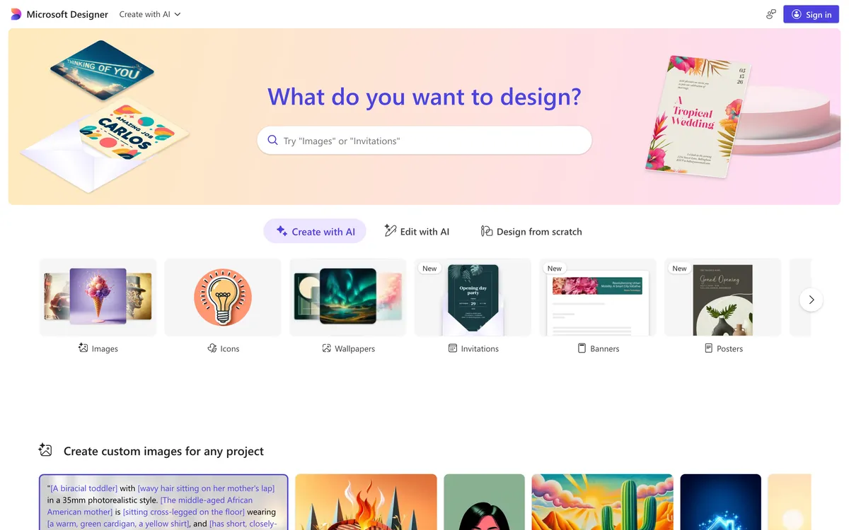 Microsoft Designer homepage, captured 8 October 2026
