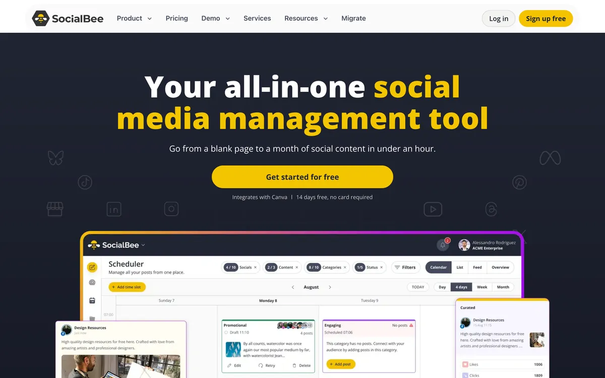 SocialBee homepage, captured 8 October 2026
