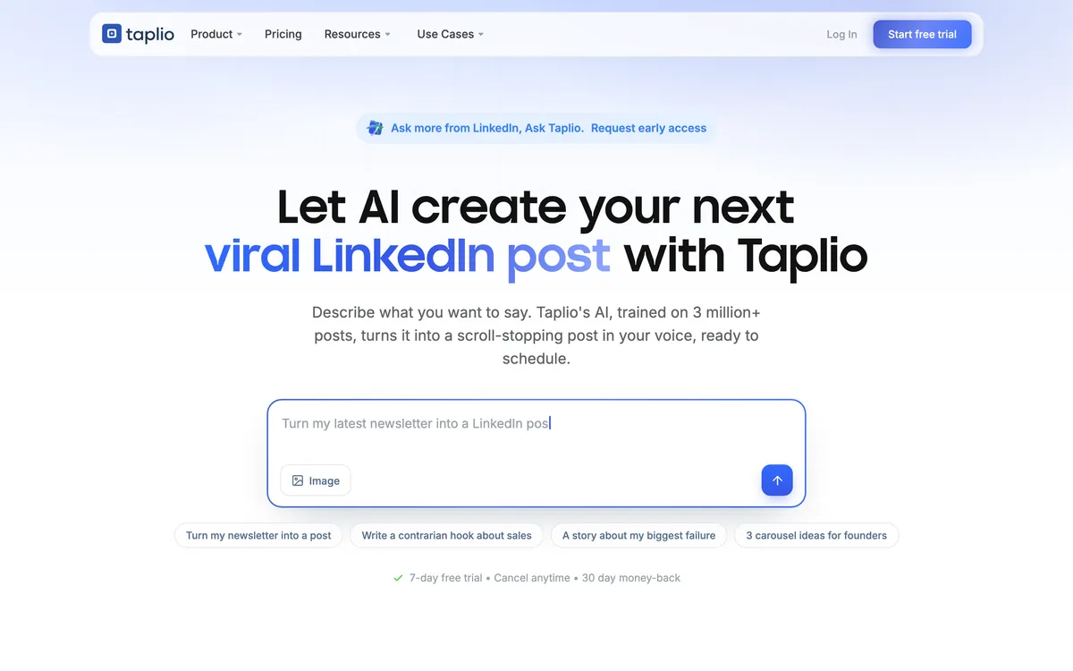 Taplio homepage, captured 8 October 2026