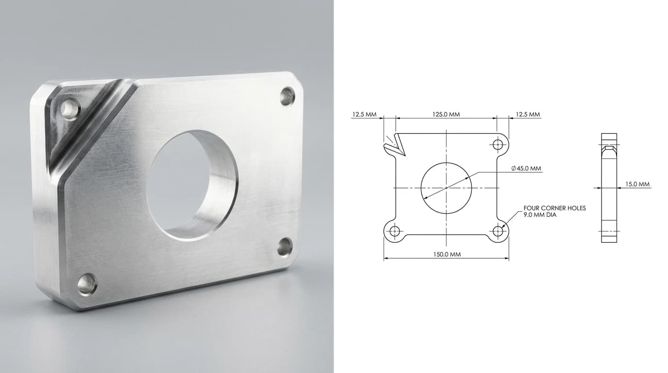 A photo of a machined aluminium motor mounting bracket on the left and the dimensioned two view technical drawing produced from it on the right, with the width chain reading 12.5, 125.0 and 12.5 millimetres totalling 150.0