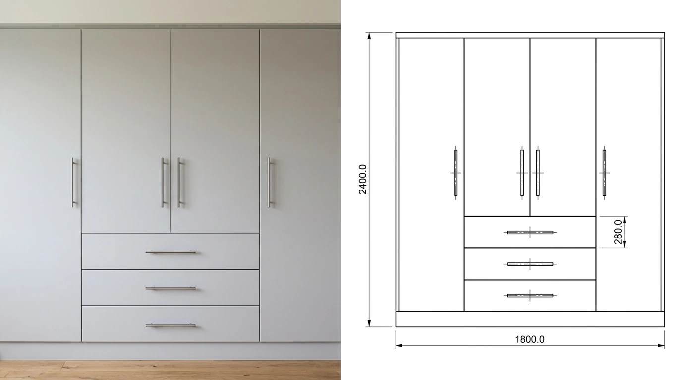 A photograph of a fitted wardrobe front with two doors above three drawers on the left, and on the right the same unit drawn as a dimensioned front elevation with overall height, overall width and one drawer height marked