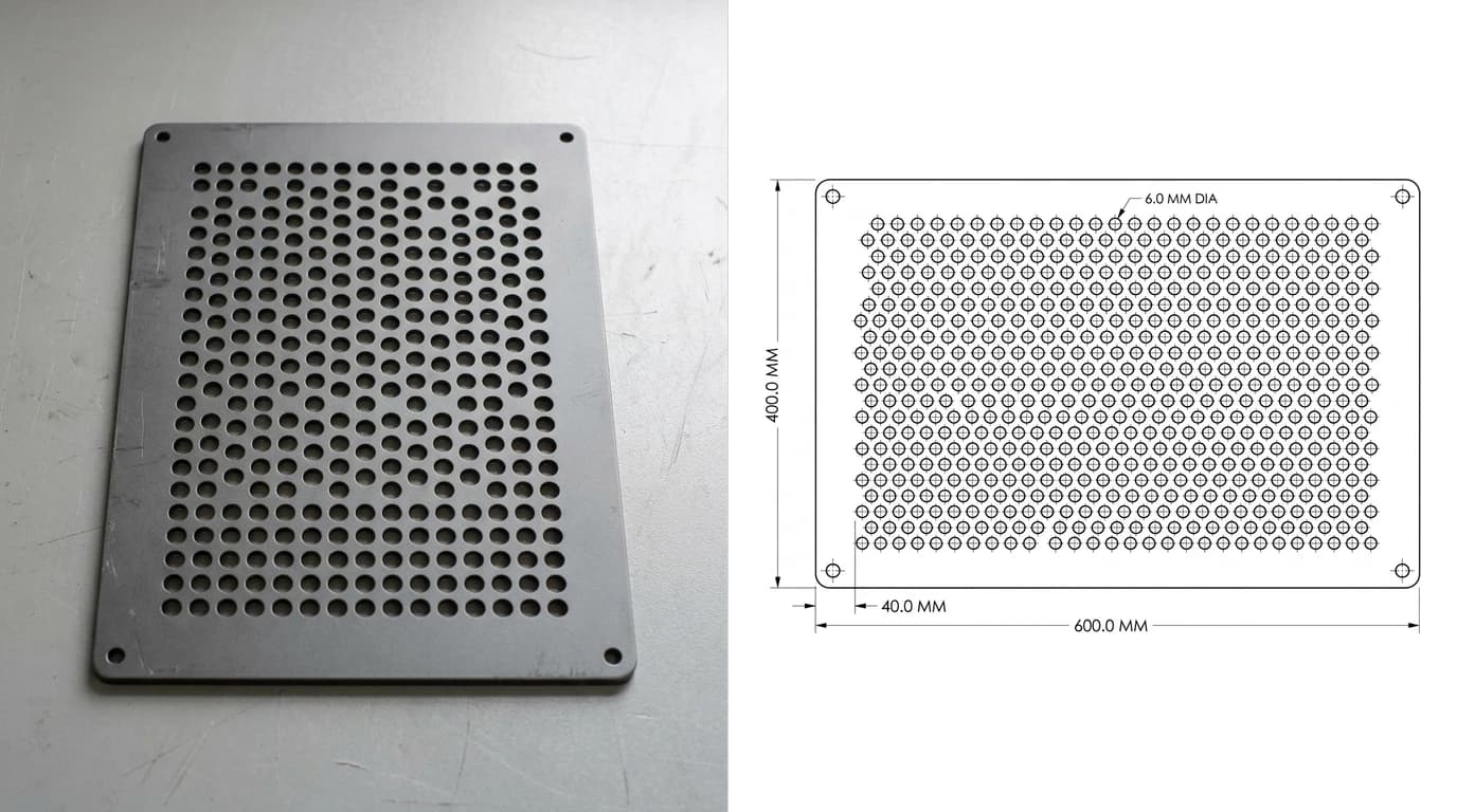 A photograph of a perforated metal ventilation panel on a workbench on the left, and on the right its flat drawing showing the outer boundary, the corner fixing holes and the full grid of perforations with the hole diameter called out