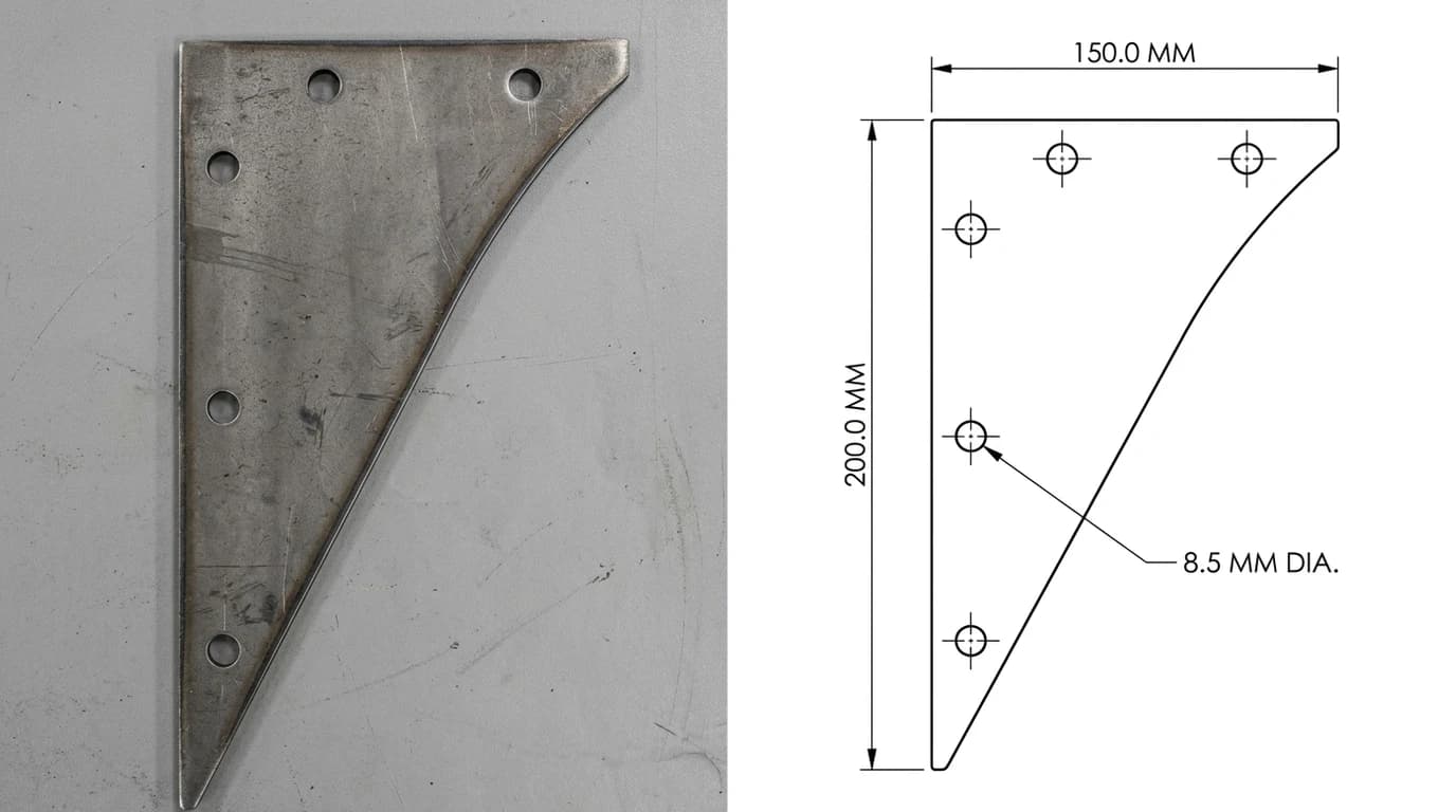 A photograph of a flat laser cut steel gusset plate lying on a bench on the left, and on the right its flat two dimensional outline drawn as a single closed boundary with five fixing holes and dimensions