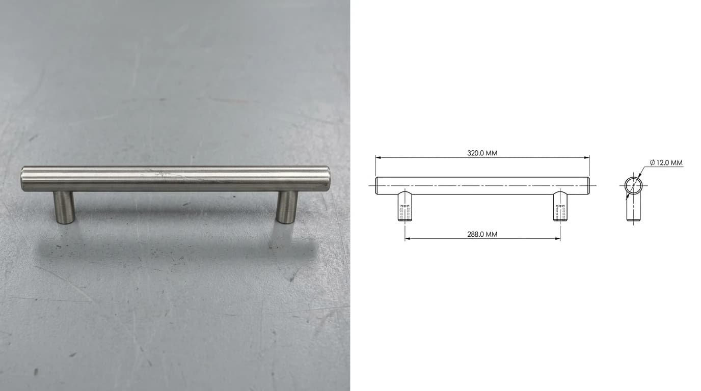 A photograph of a stainless steel bar cabinet pull handle on a workbench on the left, and on the right its technical drawing with a front view dimensioned for overall length and fixing centres plus an end view giving the bar diameter