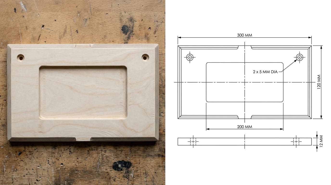 A CNC-cut baltic birch plywood house number plaque with two mounting holes and a central routed pocket photographed on a workbench, and the dimensioned plan and edge view generated from it: 300 by 120 mm, 12 mm thick, 200 mm pocket, two 5 mm holes