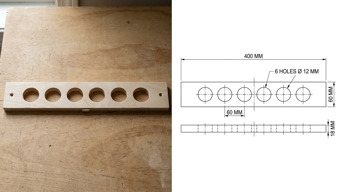A CNC-cut plywood tool hanger strip with a row of six 12 mm holes photographed on a workbench, and the dimensioned plan and edge view generated from it: 400 by 60 mm, 18 mm thick, six 12 mm holes at 60 mm pitch