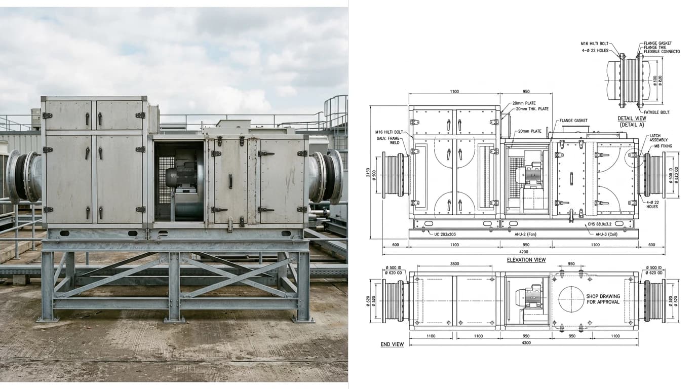 A photo of a packaged air handling unit on a galvanised support frame on a plant deck on the left and its shop drawing on the right, showing elevation, plan, section lengths and duct connection sizes