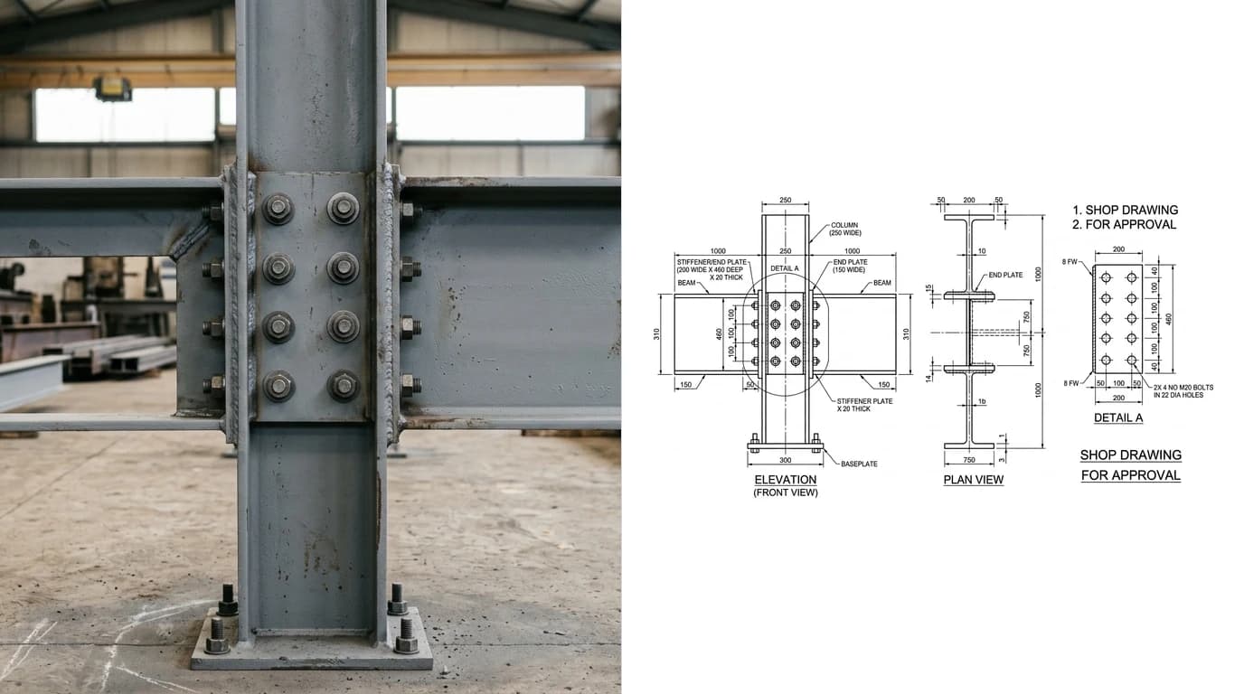 A photo of a bolted steel beam to column connection with an end plate in a fabrication shop on the left and the shop drawing generated from it on the right, showing elevation, end view and an enlarged bolt pattern detail