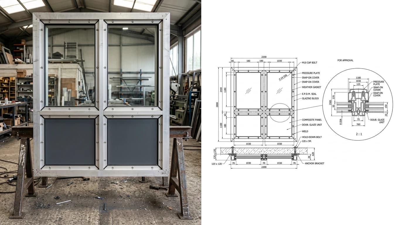 A photo of an aluminium curtain wall unit with a glazed panel on a workshop trestle on the left and its shop drawing on the right, showing elevation, plan and an enlarged horizontal section through the mullion