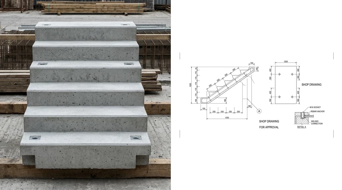 A photo of a precast concrete stair flight with cast-in lifting sockets resting on timber bearers in a casting yard on the left and its shop drawing on the right, showing elevation, plan with socket positions and a section through the waist