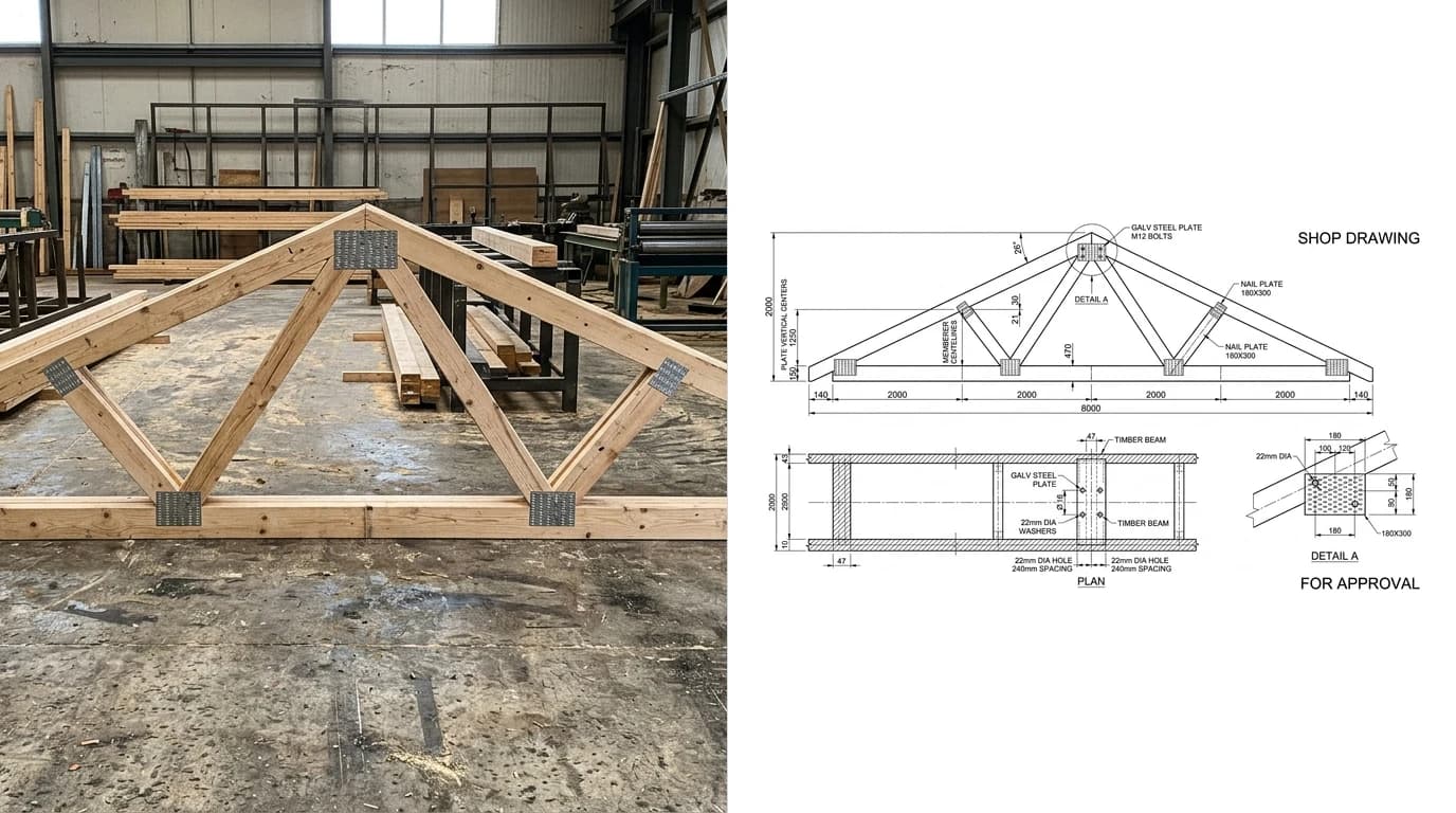 A photo of a prefabricated timber roof truss with punched metal nail plates lying flat in a truss plant on the left and its shop drawing on the right, showing the truss elevation, member sizes and an enlarged nail plate joint detail