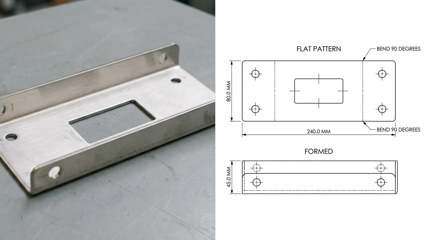 A photo of a folded stainless sheet metal channel bracket on the left, and on the right the engineering drawing produced from it showing the flat pattern with dashed bend lines above the formed view, with a bend callout