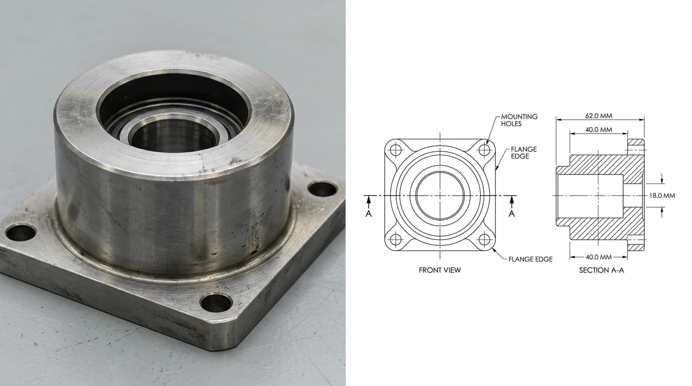 A photo of a steel bearing housing with a square mounting flange on the left, and on the right the engineering drawing produced from it, with a front view marked with cutting plane A and a hatched section view showing the stepped internal bore dimensioned