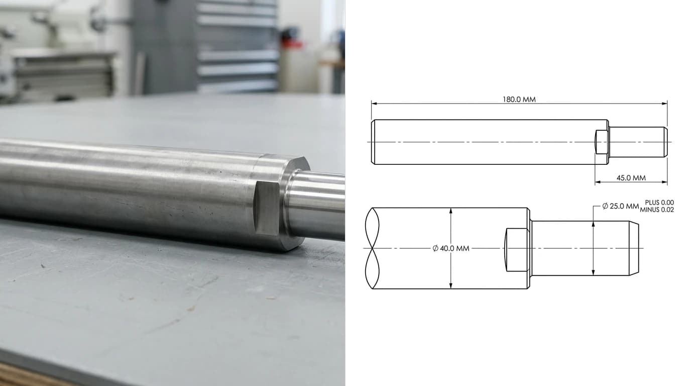 A photo of a ground steel shaft with a shouldered journal end on the left, and on the right the engineering drawing produced from it showing the journal diameter carrying a plus zero minus 0.02 tolerance while the overall length carries none