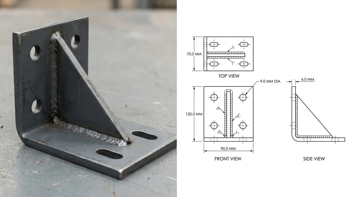 A photo of a folded steel angle bracket with a welded gusset on the left, and on the right the engineering drawing produced from it showing front, top and side views in third angle projection with overall dimensions and hole sizes