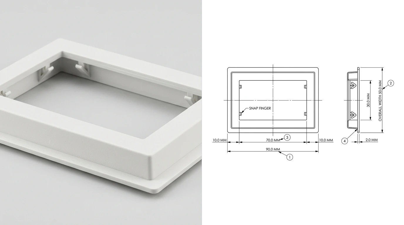 A photo of a white injection moulded plastic bezel frame with snap fingers on the left and its ballooned inspection drawing on the right, the horizontal chain reading 10.0, 70.0 and 10.0 millimetres and totalling the 90.0 millimetre overall length