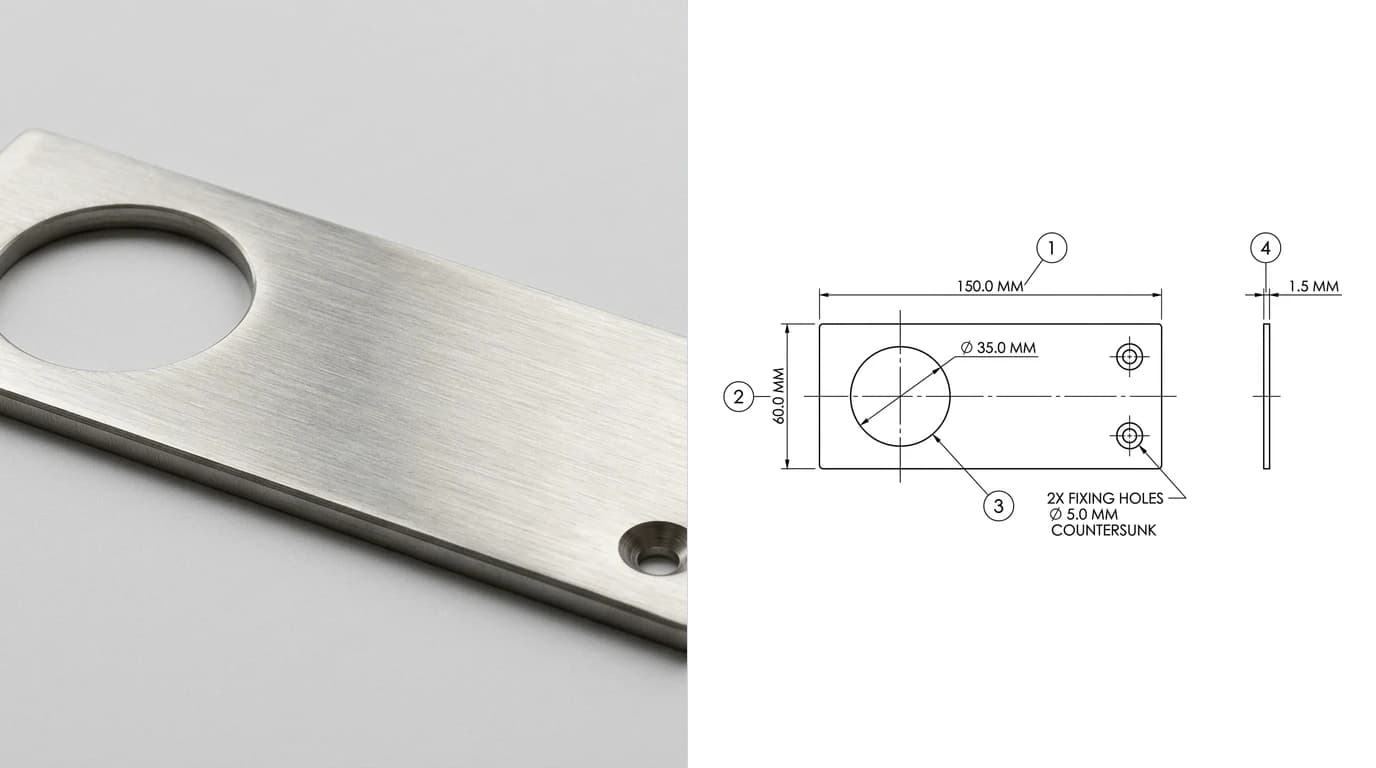 A photo of a brushed stainless steel faceplate with a large round aperture and two countersunk holes on the left, and its ballooned inspection drawing on the right with balloons 1 to 4 and a two times fixing holes callout