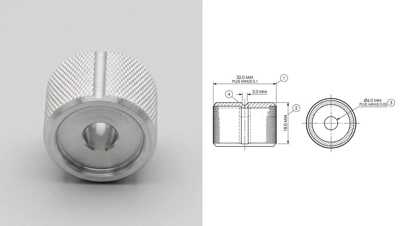 A photo of a knurled aluminium control knob on the left and its ballooned inspection drawing on the right, showing balloons 1 to 4 against the 32.0 millimetre outside diameter, the 18.0 millimetre height, the 6.0 millimetre bore and the 2.0 millimetre indicator groove