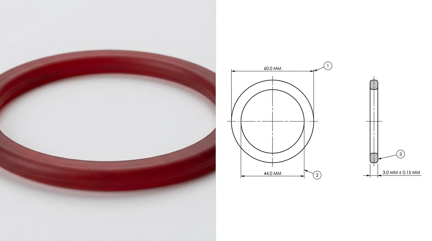 A photo of a dark red moulded silicone seal ring on the left and its ballooned inspection drawing on the right, with balloons 1 to 3 against the 60.0 millimetre outside diameter, the 44.0 millimetre inside diameter and the 3.0 millimetre section thickness with a plus minus 0.15 tolerance